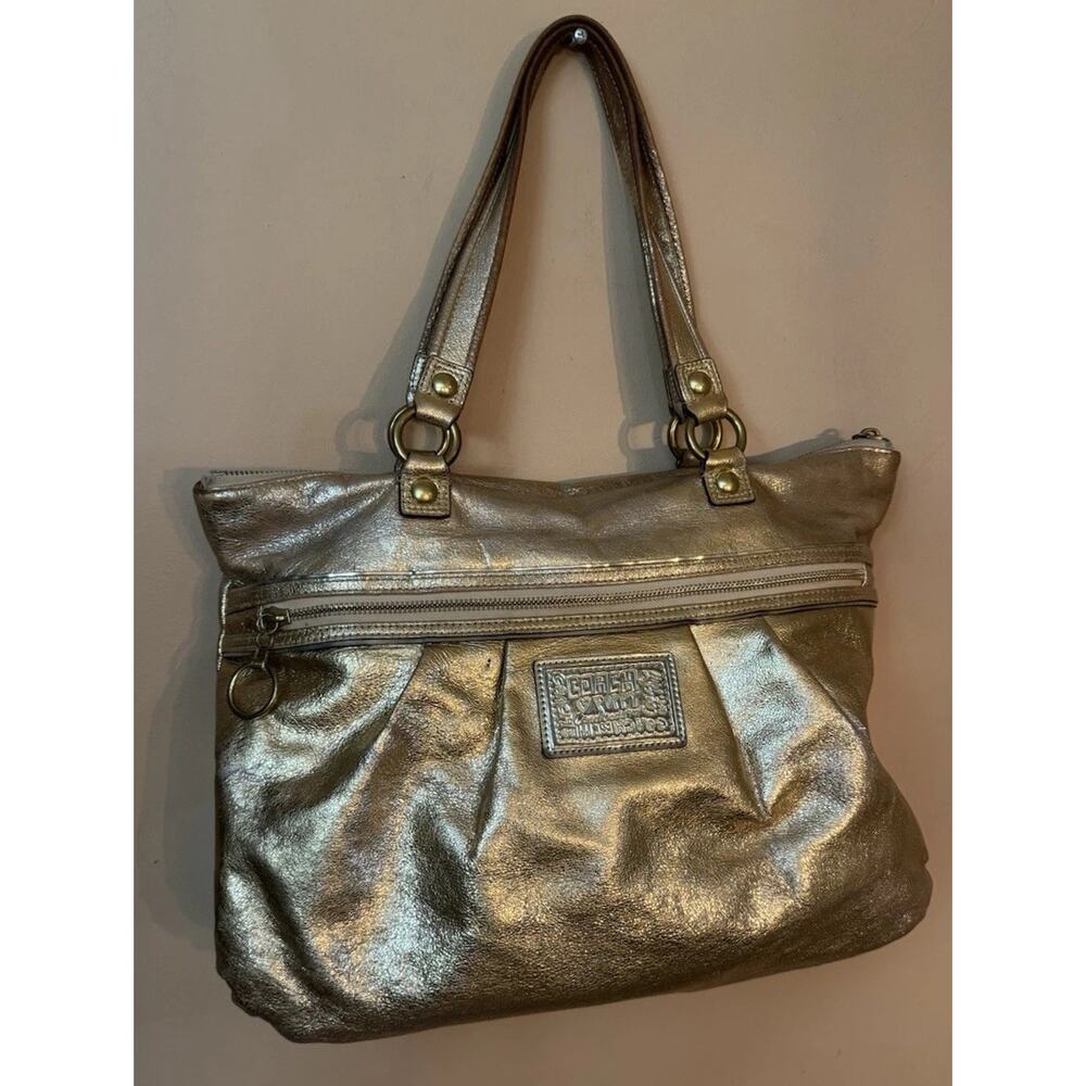 Coach Metallic Gold Shoulder Bag Double Handles Pleated Zipper Accent
